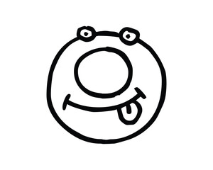 A simple hand-drawn cartoon face with a smiling expression and tongue out in black lines on a white background