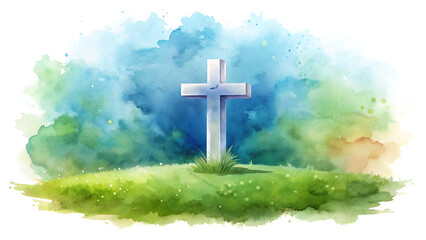 White Cross on Grassy Hill with Watercolor Sky christian