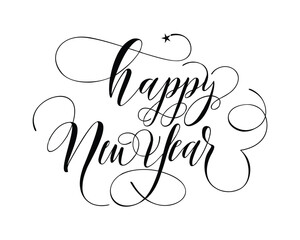 Elegant Calligraphic Happy New Year Greeting with Swirling Decorative Elements and Star