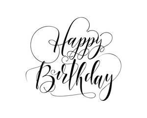 Elegant Calligraphic Happy Birthday Greeting in Black Ink with Floral Swirls and Cursive Typography