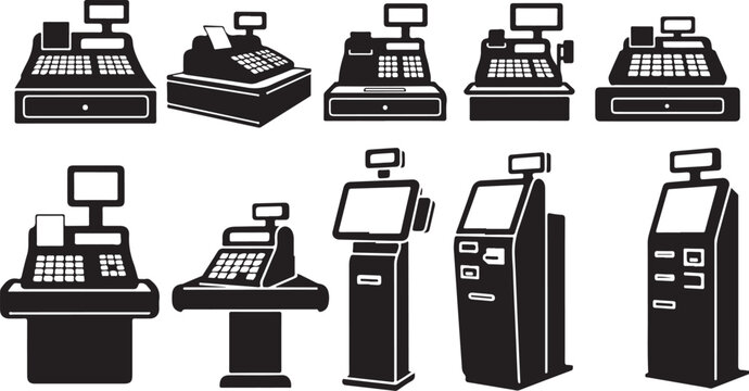 Various cash registers and checkout counters in black and white