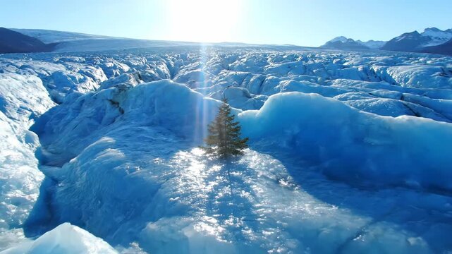 Lone evergreen tree standing resiliently on vast, sparkling blue glacier under bright sun flare, for survival, endurance, climate change, tenacity life in extreme environment