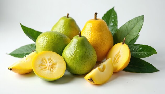Several fresh green, yellow aguaje fruits with leaves on white background. Fruits whole, others cut showing juicy yellow pulp, seeds. Healthy, exotic aguaje produce ready for healthy eating.