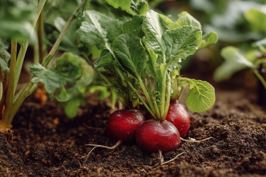 Fresh radishes dug out of the ground in the garden.