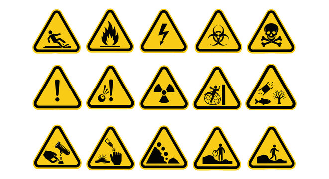 A collection of yellow triangular warning signs depicting various hazards and safety precautions high quality professional