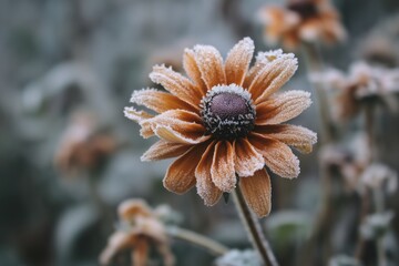 Frost in the garden, rudbeckia flower covered with frost.