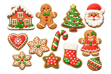 Fototapeta premium Assortment of gingerbread christmas cookies, including house, tree, santa claus, candy cane, and stocking, on transparent background