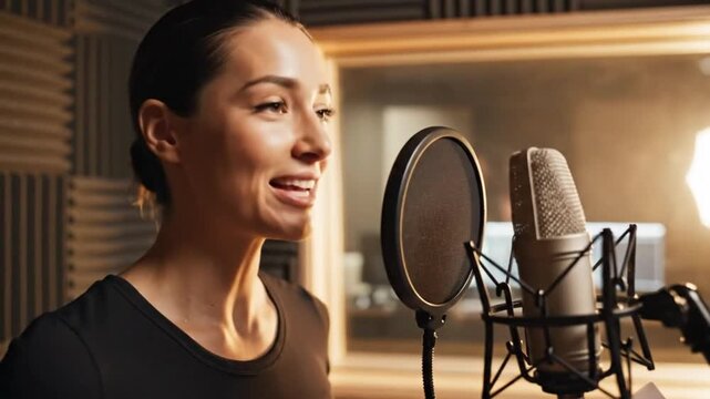 Woman Speaks into Microphone in Soundproof Studio Recording Voiceover for Audio Project