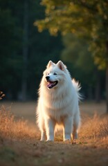 Fluffy white Samoyed dog stands in sunny park grass during golden hour. Happy pet looks right with tongue out, enjoying warm sunlight in a natural outdoor setting.