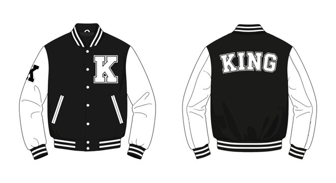 A black and white varsity jacket is displayed showcasing k and king lettering high quality professional