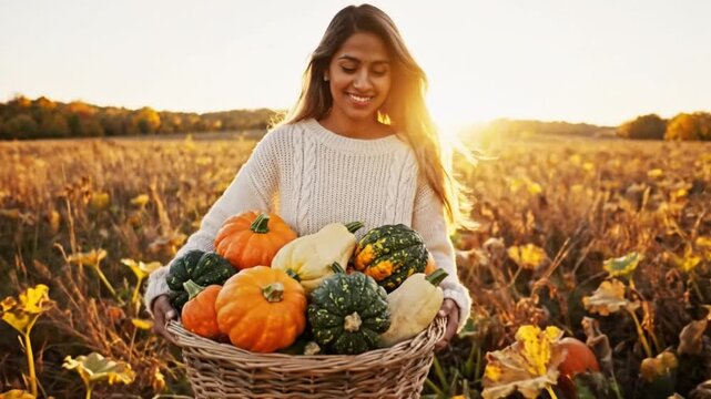 Happy woman carrying a basket of colorful pumpkins and gourds in a pumpkin patch during golden hour in autumn.