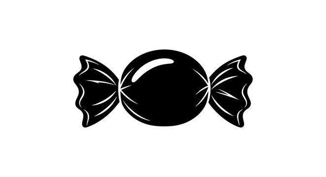 A simple black and white illustration of a wrapped hard candy with twisted ends high quality