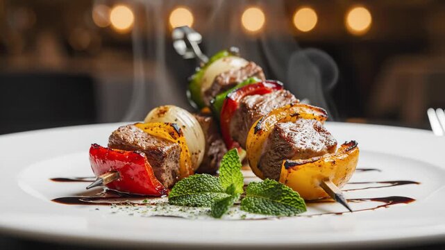 Steaming hot grilled meat and vegetable shish kebabs on a plate. Delicious gourmet lamb skewers served in a fine dining restaurant. Freshly cooked barbecue meal