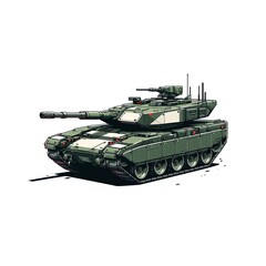 An army battle tank with a cannon on tracks. Military paint. Comic illustration.