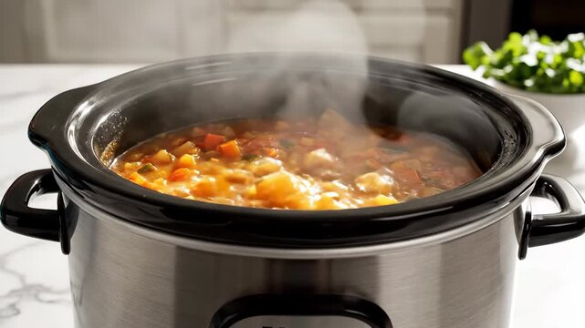 Hand lifting the lid from a slow cooker with steaming vegetable stew. Preparing a hot, homemade dinner in a crock-pot. Comfort food and healthy cooking concept