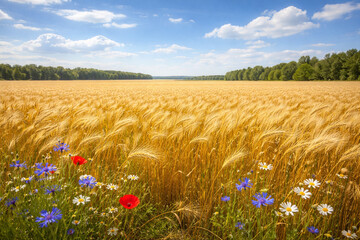 Golden wheat field with wildflowers under a blue summer sky