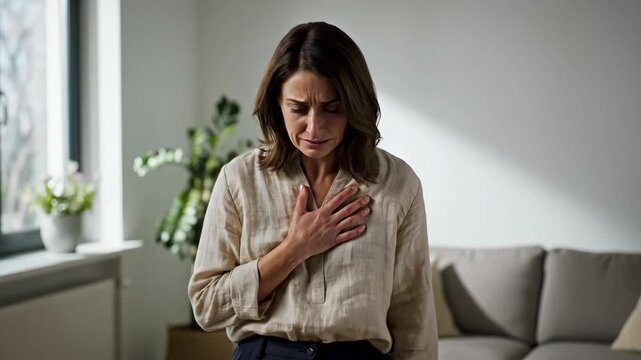 Shocked woman crying and holding her chest in a living room. Devastated female reacting to bad news with intense grief. Emotional loss concept