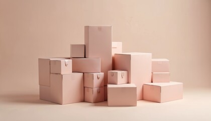 Obraz premium Assorted pale pink cardboard boxes in various sizes form creative pile. These containers vary in shape and dimension, suitable for shipping or gifting needs. Arrangement is aesthetically pleasing.