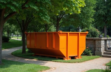 Naklejka premium Large orange industrial dumpster sits in a green urban park setting near trees and a paved walkway. This container is for waste, rubbish, or construction debris removal in public areas.