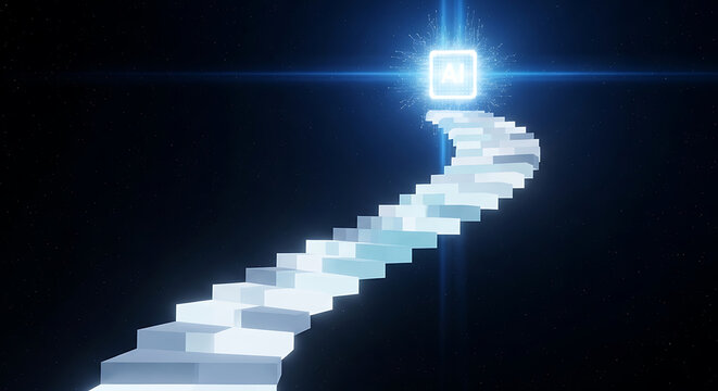 A glowing staircase ascends into a radiant light in a dark void.