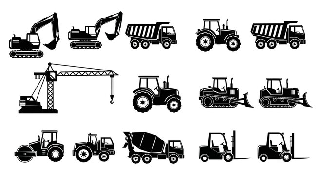 Black silhouette icons depicting various construction vehicles and heavy machinery on a white background high quality