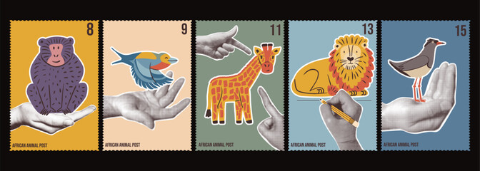 A set of cute vintage stamps with with halftone hands and cute cartoon African animals and birds. Vector animal print elements. © Aliaksandra