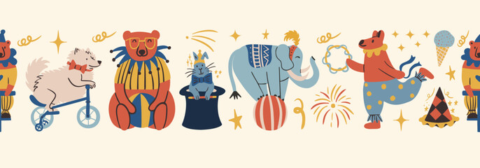 Seamless horizontal vector border pattern with circus animals including dog riding bicycle, bear in glasses, performing elephant and magic rabbit in retro cartoon style © Aliaksandra
