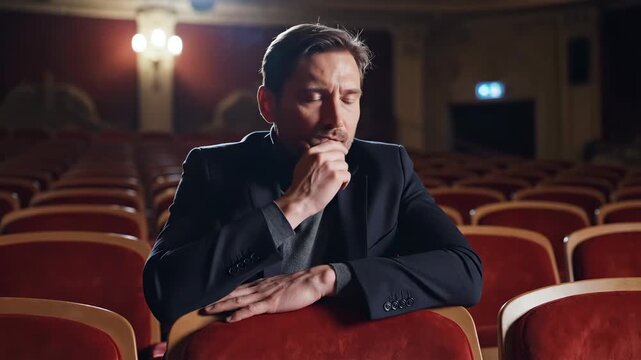 Thoughtful man sitting in an empty theater. Pensive male spectator in a red velvet seat looking concerned. Director or actor reflecting in an auditorium