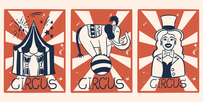Set of vintage vector circus posters with hand drawn big top tent with fireworks, elephant balancing on ball and female ringmaster character in retro style