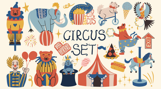 Circus and carnival vector collection of vintage hand drawn elements with performing animals, clown abd carousel horse, big top tent and fast food snacks and tickets in retro cartoon style