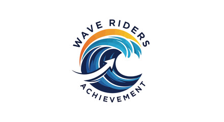 Wave Riders Achievement Logo with Ocean Wave and Rising Arrow, Isolated White Background