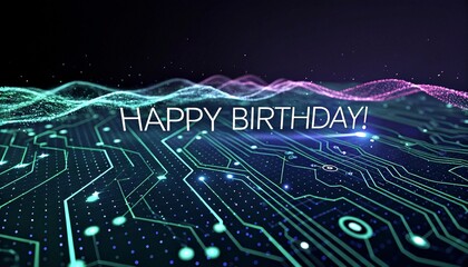 Digital artwork featuring a neon-lit, circuit board design with colorful, wavy lines and glowing dots. "HAPPY BIRTHDAY!" text in white, centered. Background is dark, enhancing the vibrant, futuristic 