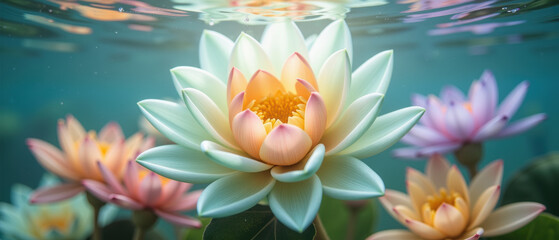 Fototapeta premium Water lily flower aquatic bloom pastel underwater nature petal serene tranquil beauty in vibrant aquatic garden