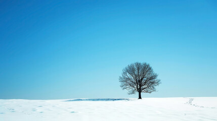 A single bare tree stands on a snow-covered field against a clear blue sky, creating a serene winter landscape and a sense of stark beauty and peaceful solitude