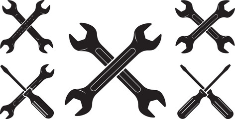Black and white illustration of crossed wrenches and screwdrivers tools