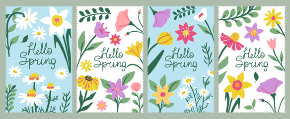 Colorful vertical postage stamps with cute hand drawn spring garden flowers. Set of daisy and daffodil with hello spring lettering on blue background. Vector greeting design © Aliaksandra