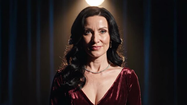 Portrait of an elegant actress or opera singer on stage. Middle-aged woman in a red velvet dress smiling under a spotlight. Theater performance concept