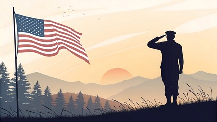 Soldier saluting American flag at sunrise with mountains