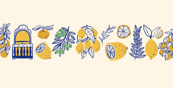 Seamless horizontal border with hand drawn Mediterranean elements. Summer vector elements,  lemons, oranges and olives and arched window.