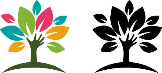 Abstract tree logo with colorful hand and leaf symbols