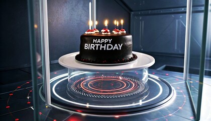 Photograph of a black birthday cake with "HAPPY BIRTHDAY" in white icing, topped with red candles, on a transparent glass stand with a futuristic, metallic background featuring circular red and white 