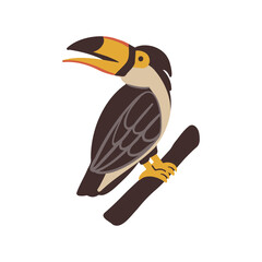 Fototapeta premium Cute exotic tropical toucan bird on a wooden tree branch. Vector jungle animal design