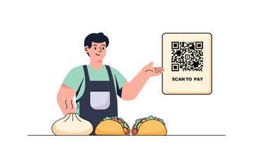Street Food Vendor Showing QR Code for Contactless Payment Vector Illustration