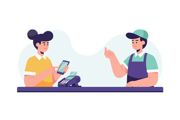 Customer Paying Cashier Via Contactless Smartphone at Retail Counter Flat Vector