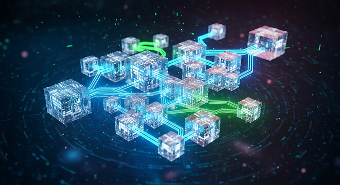 Interconnected cubes floating in a futuristic network, viewed from above, showcasing digital connections