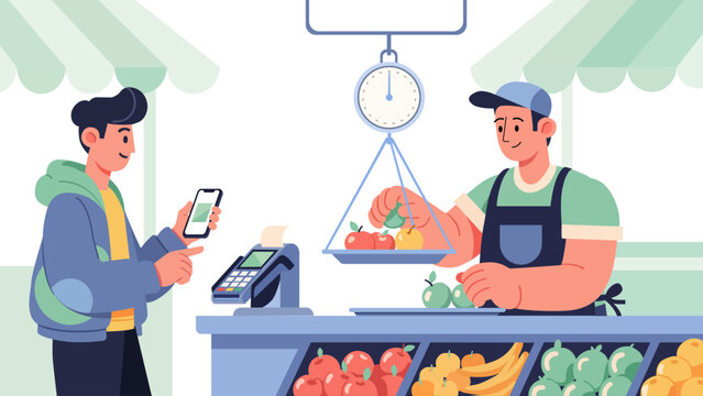 Customer Paying Fruit Vendor With Smartphone At Market Stand Flat Vector Illustration