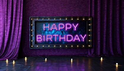 A photograph of a dark stage with purple curtains, featuring a neon "HAPPY BIRTHDAY" sign in pink letters, surrounded by small, lit candles on the floor.