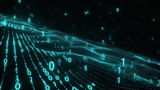 Cyan binary digits floating dark space wavy formation glowing seamless futuristic surreal ambience cascading softly glowing abstract unique style ultra realistic loop