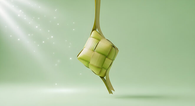 Green woven ketupat hanging against a soft background with subtle light rays, symbolizing Islamic festive traditions and cultural celebrations