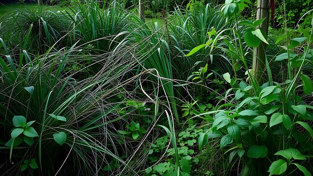 unruly. An overgrown garden with tangled plants and weeds under soft, natural daylight. gardening catalogs, home-decor guides, designed for home decor and floral branding, used by content marketers.